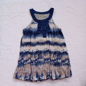 Twentyone, Mini dress, accordion pleats, blue print, with ribbon trim, size L